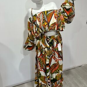 Printed Crop Top wide leg  in Olive & Rust - Women Pant Set